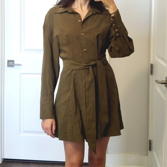 NWT ZARA belted longsleeve button up shirt dress in khaki green - Picture 2 of 10